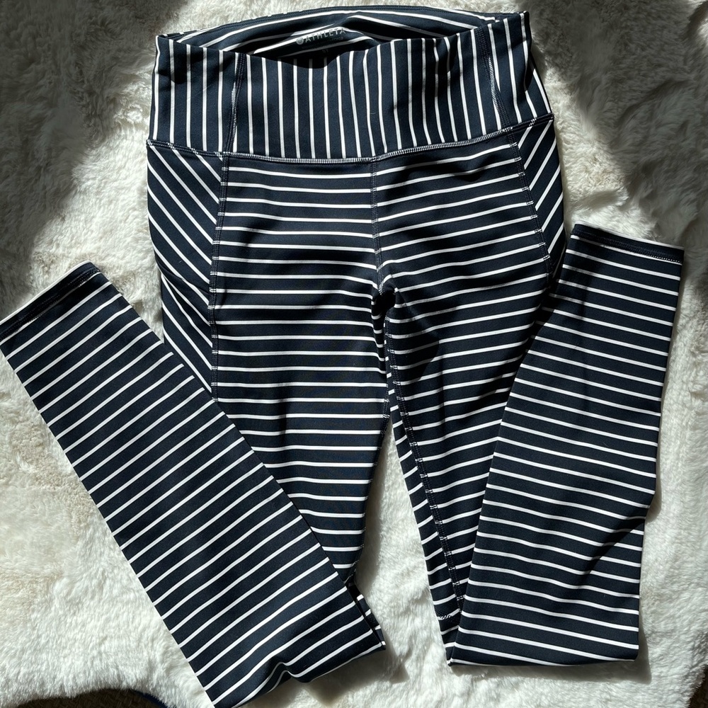 Athleta Striped Navy & White Leggings with zip close pockets, womens Small- Tall